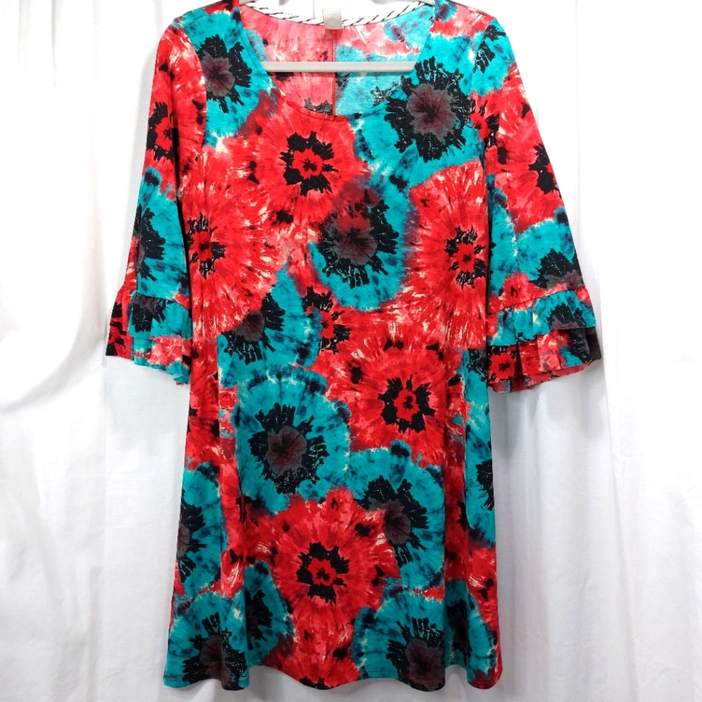 HoneyMe Curvy Tie-Dye Boho Shift Dress Scoop Neck Ruffel Sleeve Wms Size Small